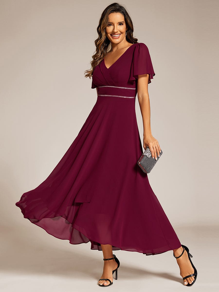 Double V-Neck Waist Trimmed Chiffon Formal Evening Dress #color_Burgundy