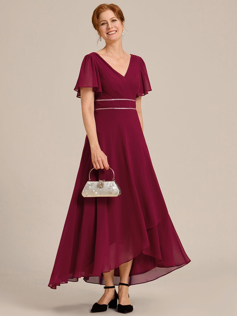 Double V-Neck Waist Trimmed Chiffon Formal Evening Dress #color_Burgundy