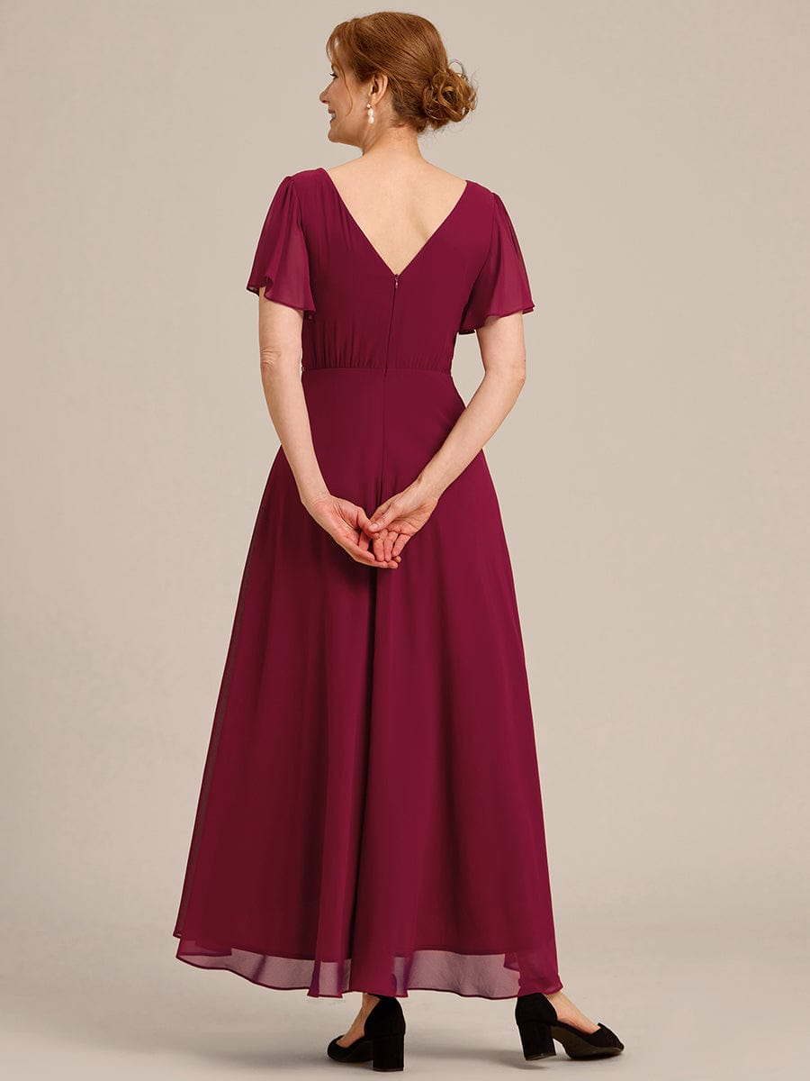 Double V-Neck Waist Trimmed Chiffon Mother of the Bride Dress #color_Burgundy