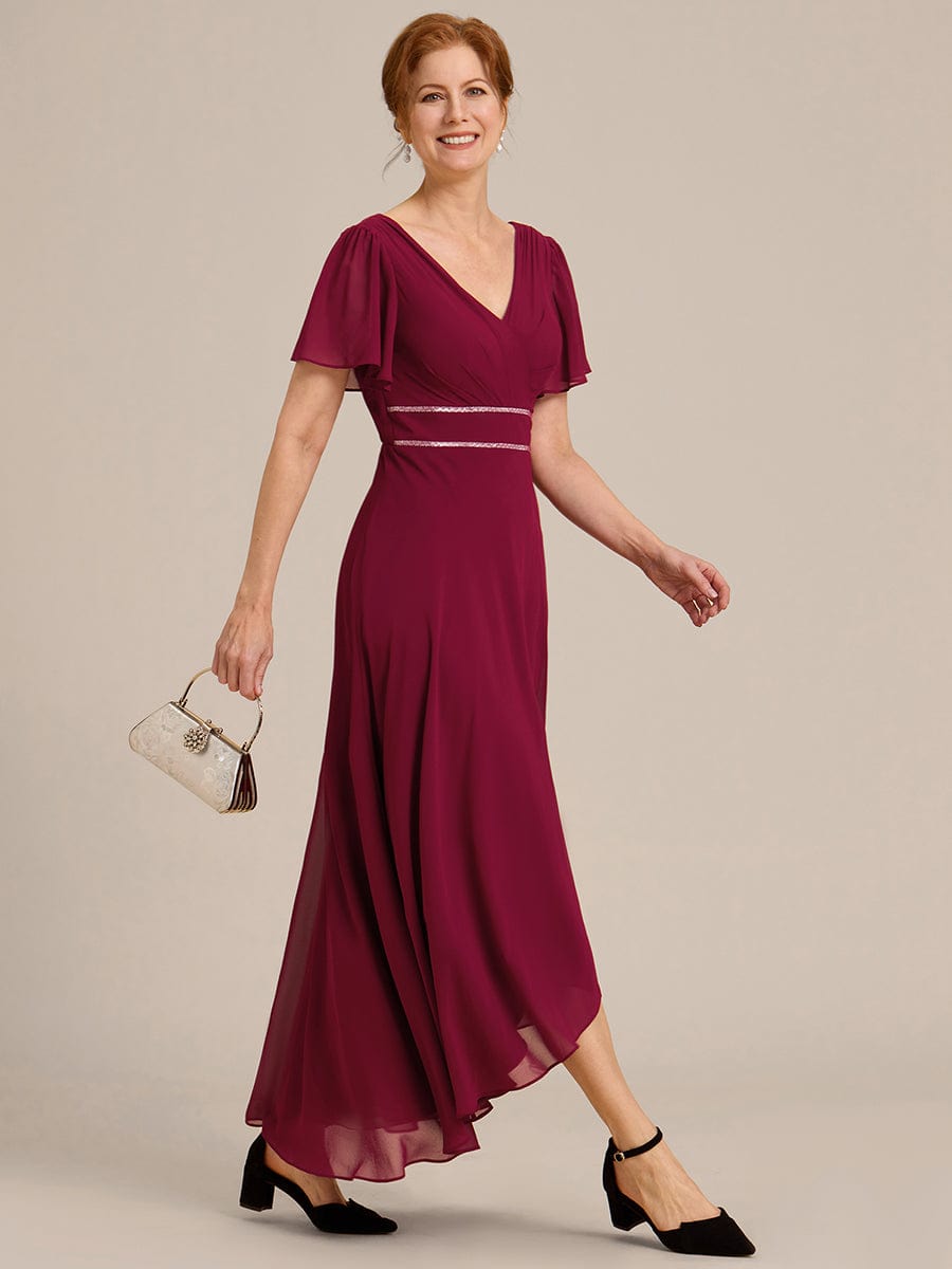 Double V-Neck Waist Trimmed Chiffon Mother of the Bride Dress #color_Burgundy