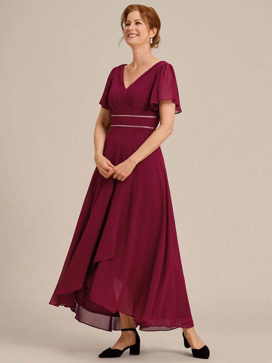 Double V-Neck Waist Trimmed Chiffon Mother of the Bride Dress #color_Burgundy