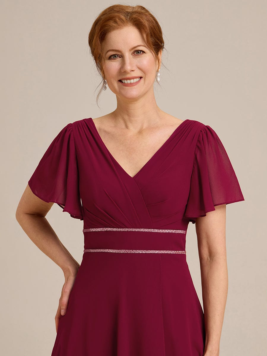 Double V-Neck Waist Trimmed Chiffon Mother of the Bride Dress #color_Burgundy