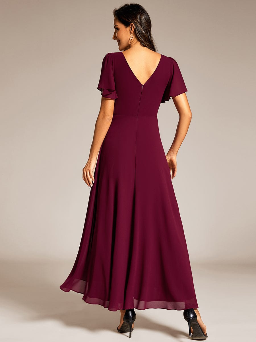 Double V-Neck Waist Trimmed Chiffon Formal Evening Dress #color_Burgundy