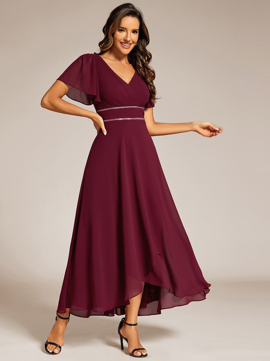 Double V-Neck Waist Trimmed Chiffon Formal Evening Dress #color_Burgundy