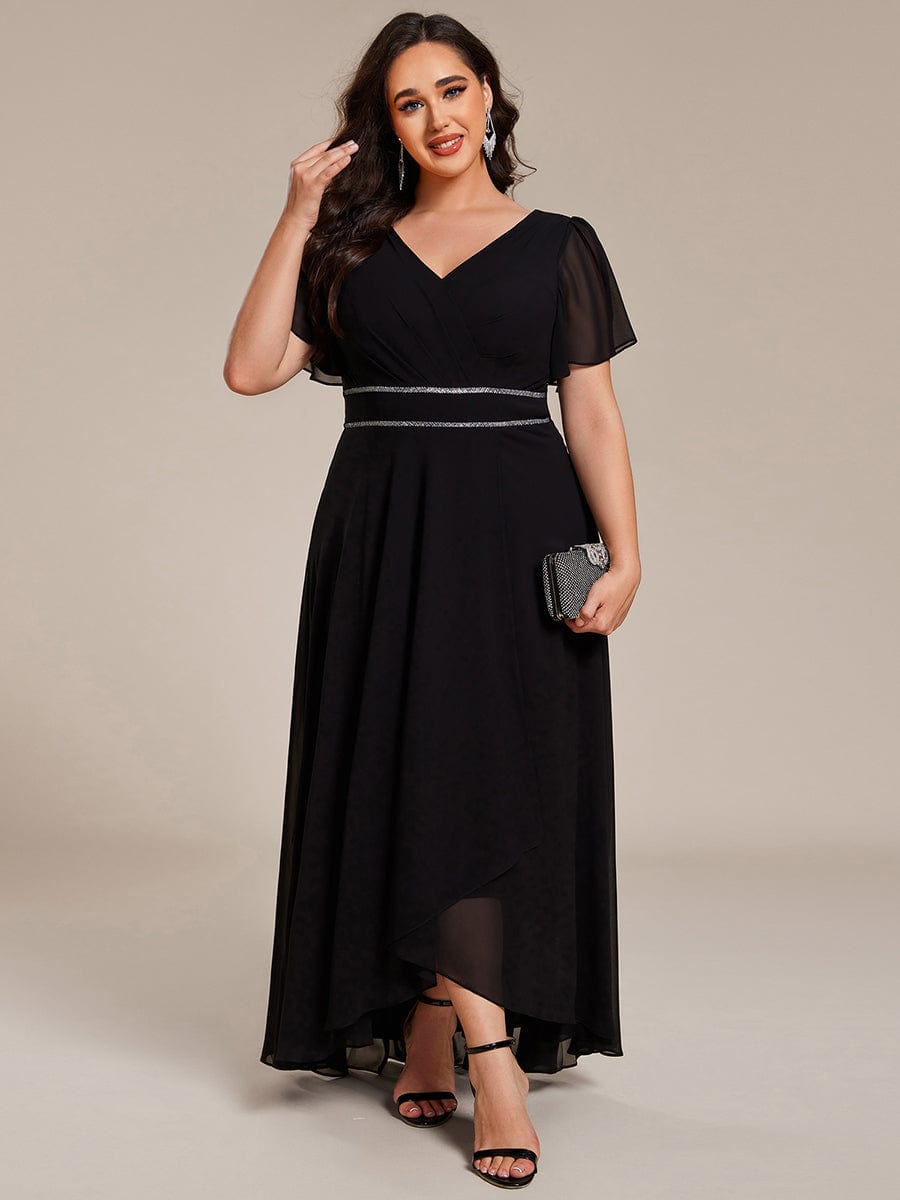 Plus Size V-Neck Rhinestone Waist Chiffon Maxi Formal Evening Dress #color_Black