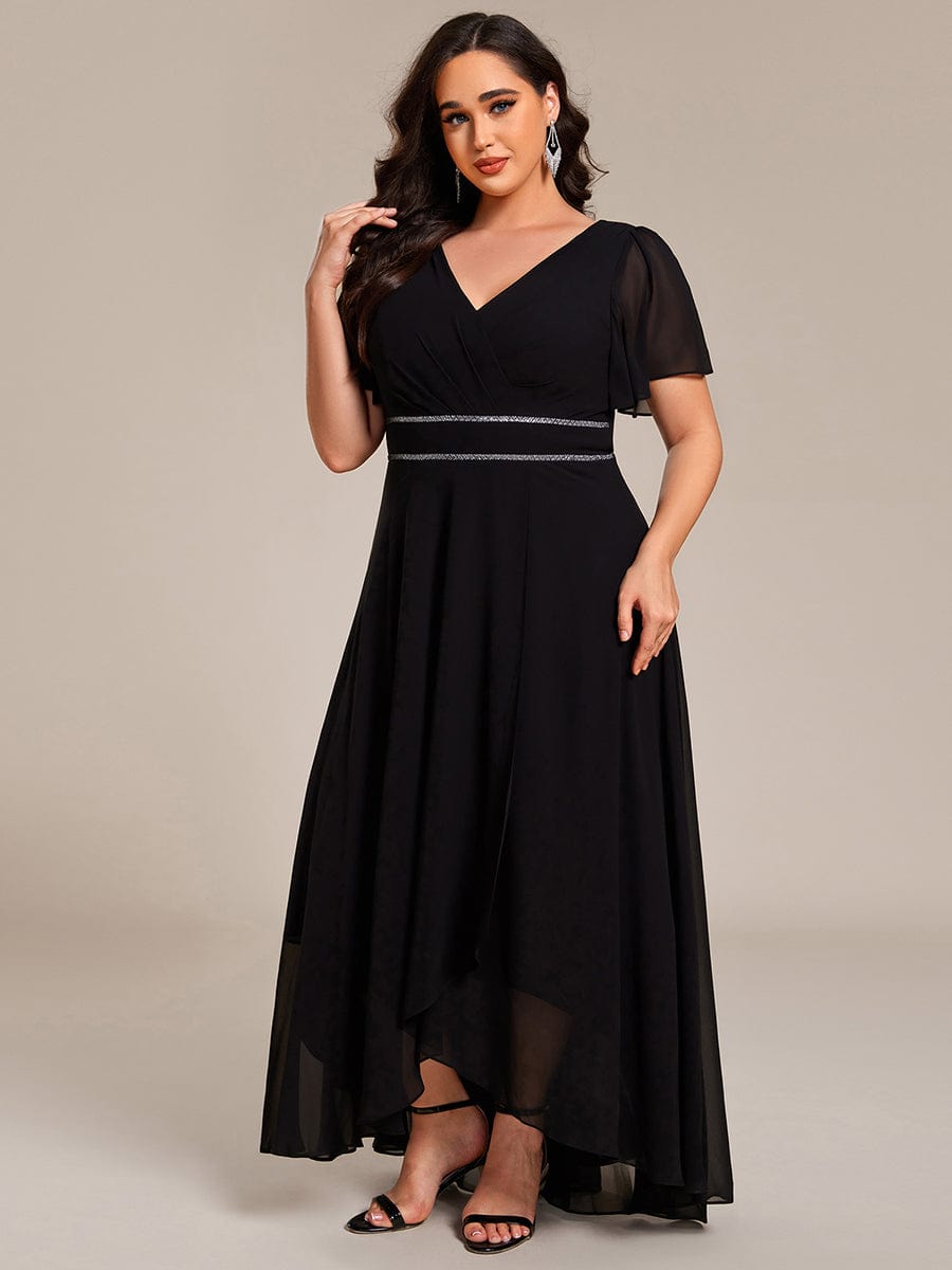 Double V-Neck Waist Trimmed Chiffon Mother of the Bride Dress #color_Black