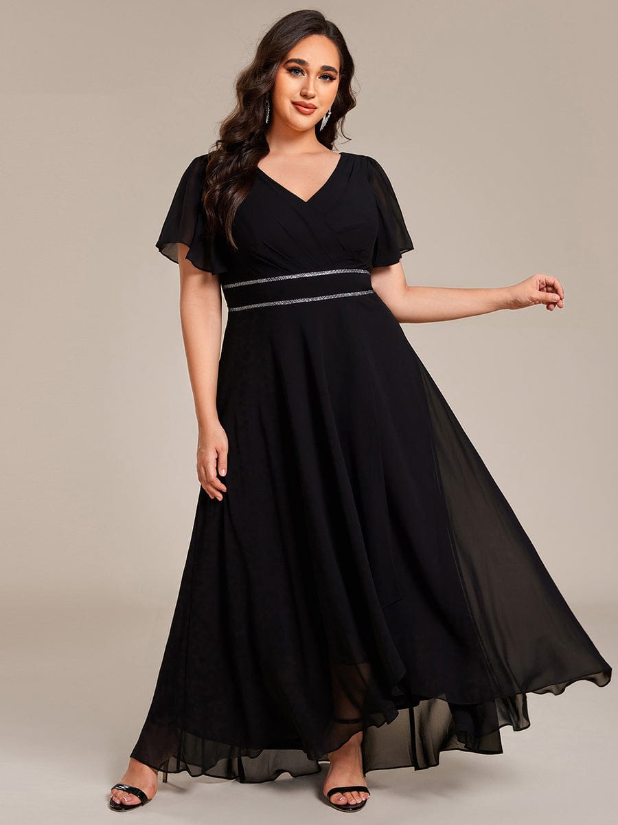 Plus Size V-Neck Rhinestone Waist Chiffon Maxi Formal Evening Dress #color_Black