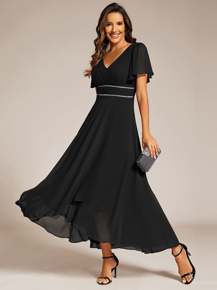 Double V-Neck Waist Trimmed Chiffon Formal Evening Dress #color_Black