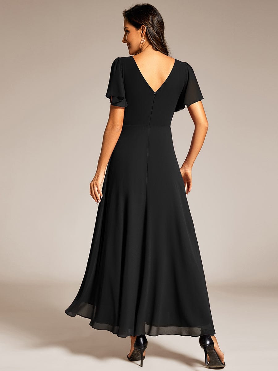 Double V-Neck Waist Trimmed Chiffon Formal Evening Dress #color_Black