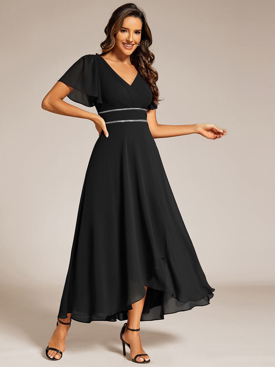 Double V-Neck Waist Trimmed Chiffon Formal Evening Dress #color_Black