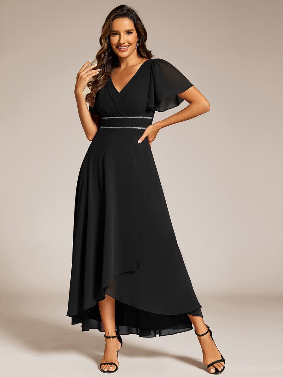 Double V-Neck Waist Trimmed Chiffon Formal Evening Dress #color_Black