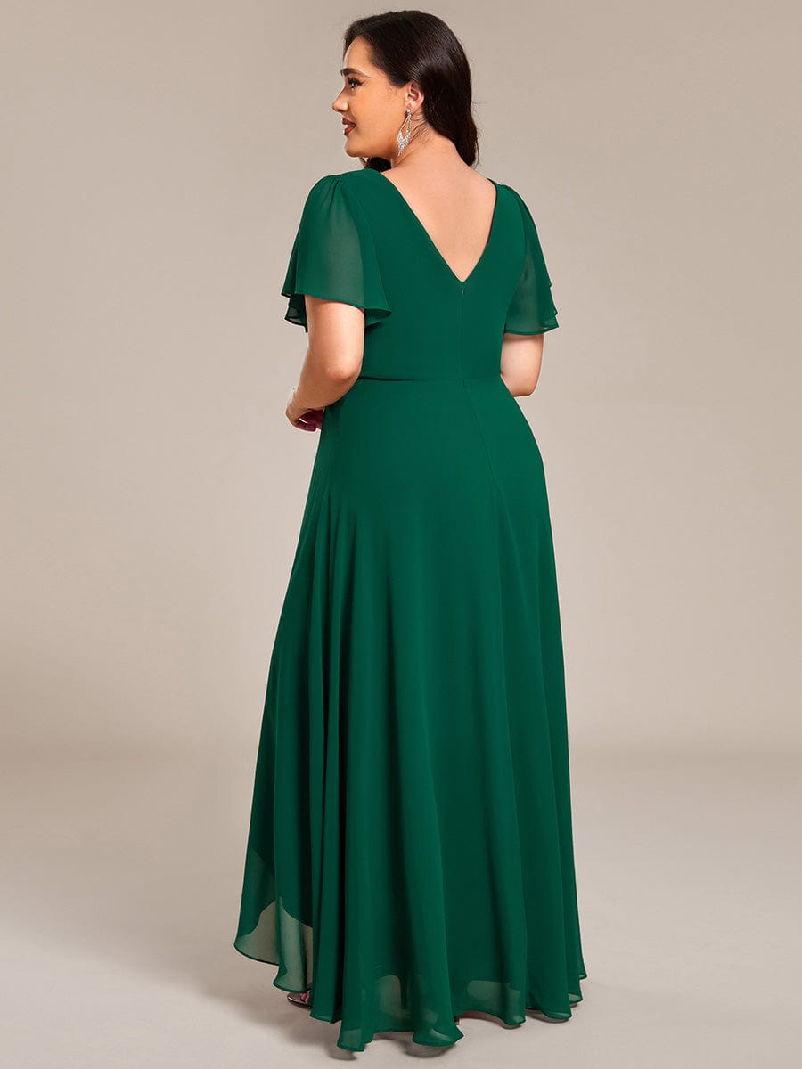 Plus Size V-Neck Rhinestone Waist Chiffon Maxi Formal Evening Dress #color_Dark Green