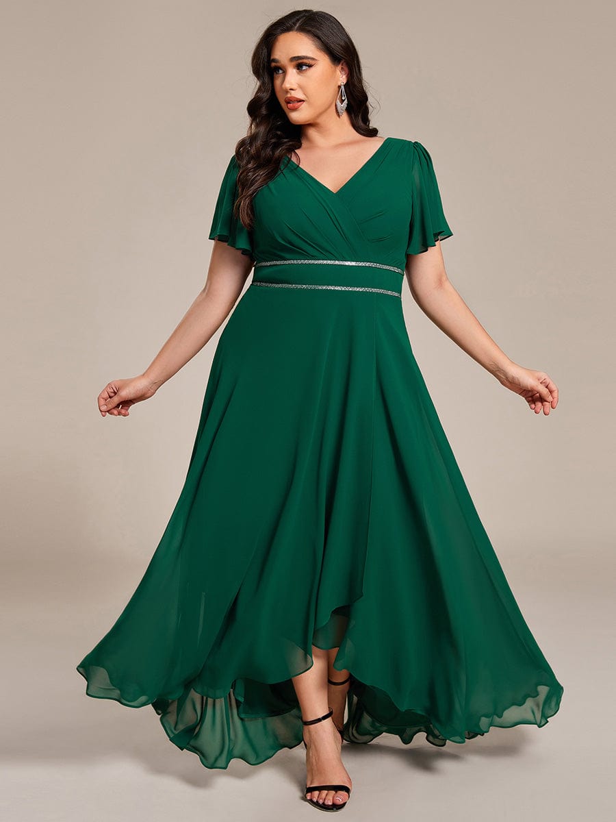 Plus Size V-Neck Rhinestone Waist Chiffon Maxi Formal Evening Dress #color_Dark Green