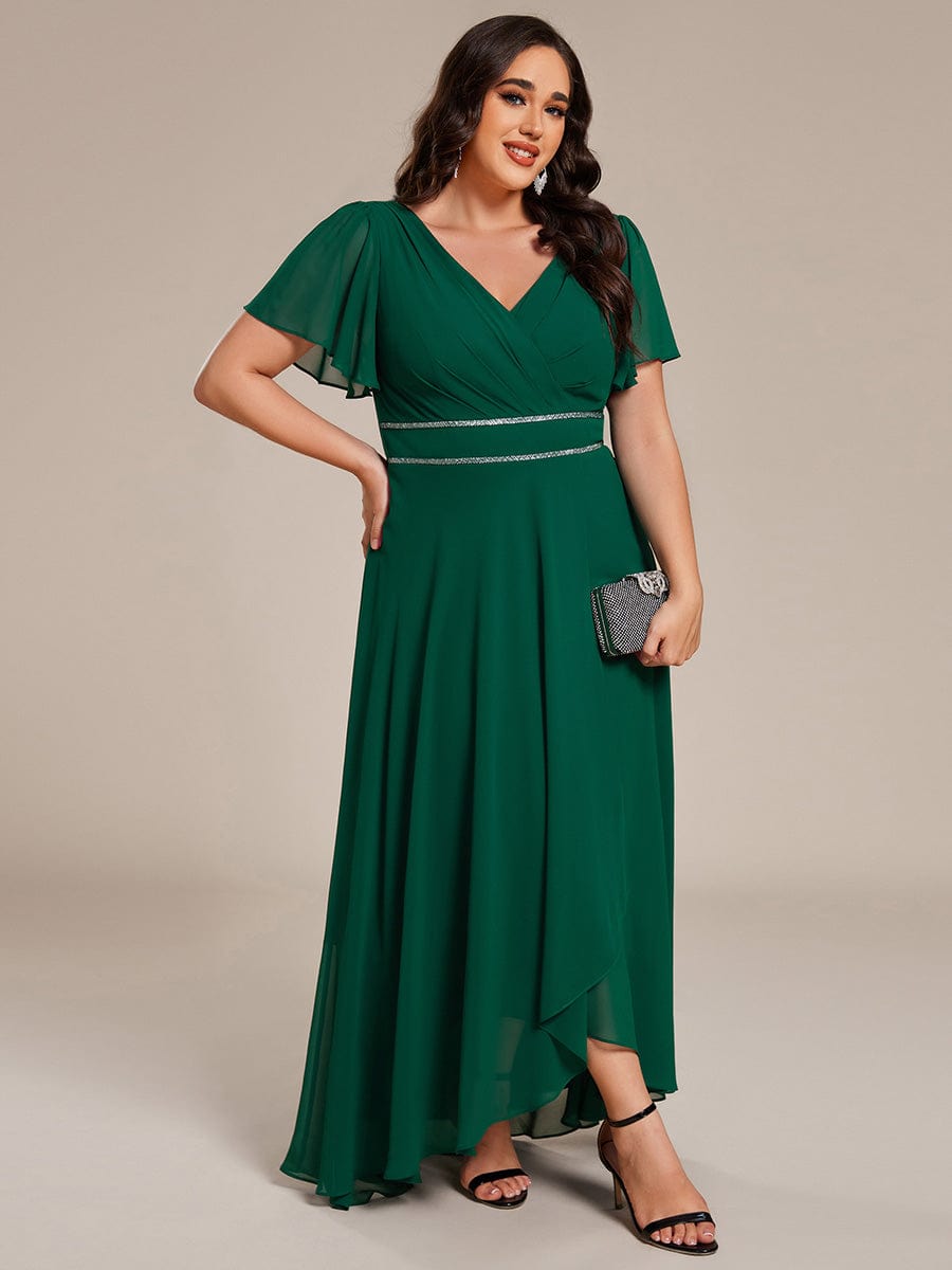 Plus Size V-Neck Rhinestone Waist Chiffon Maxi Formal Evening Dress #color_Dark Green