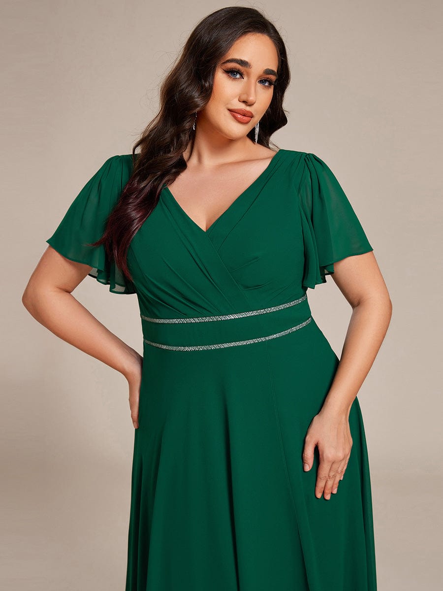 Double V-Neck Waist Trimmed Chiffon Mother of the Bride Dress #color_Dark Green