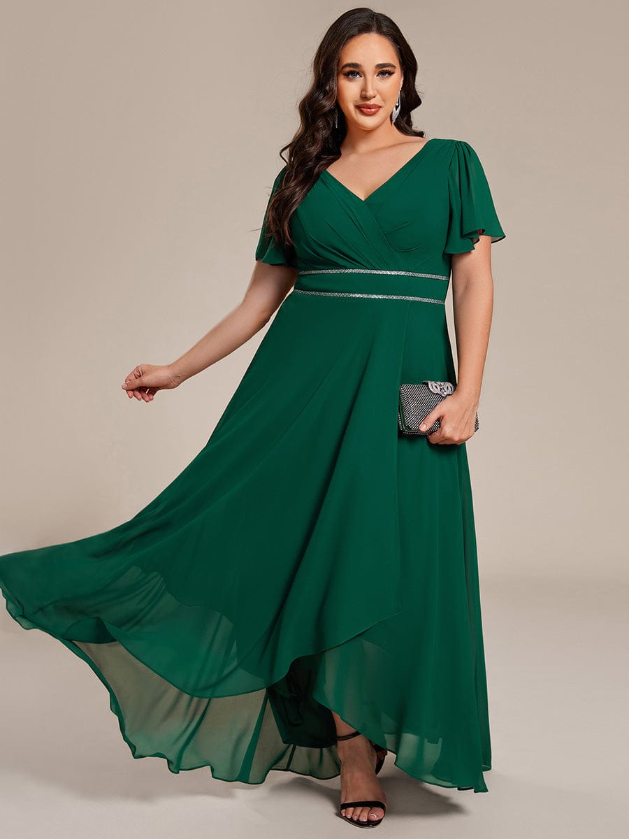 Double V-Neck Waist Trimmed Chiffon Mother of the Bride Dress #color_Dark Green