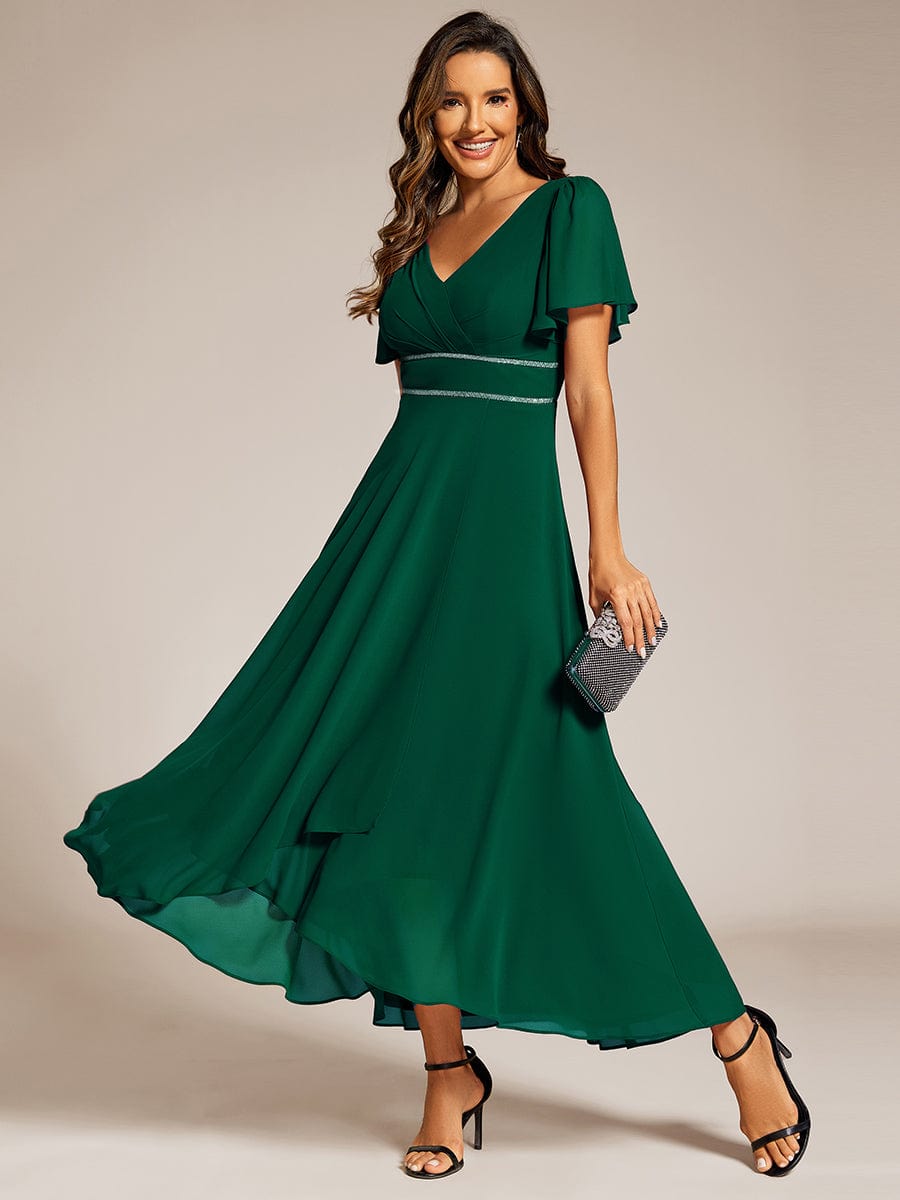 Double V-Neck Waist Trimmed Chiffon Formal Evening Dress #color_Dark Green