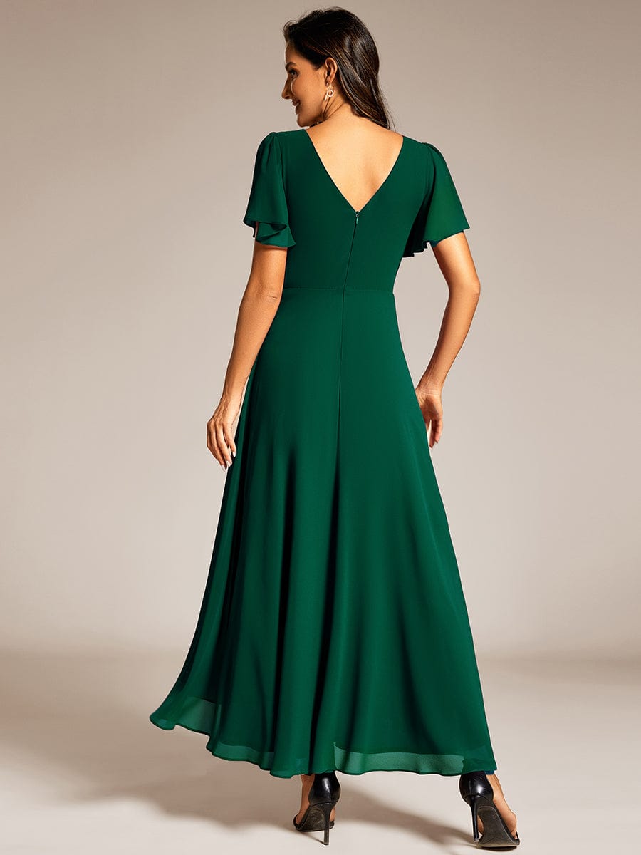 Double V-Neck Waist Trimmed Chiffon Formal Evening Dress #color_Dark Green