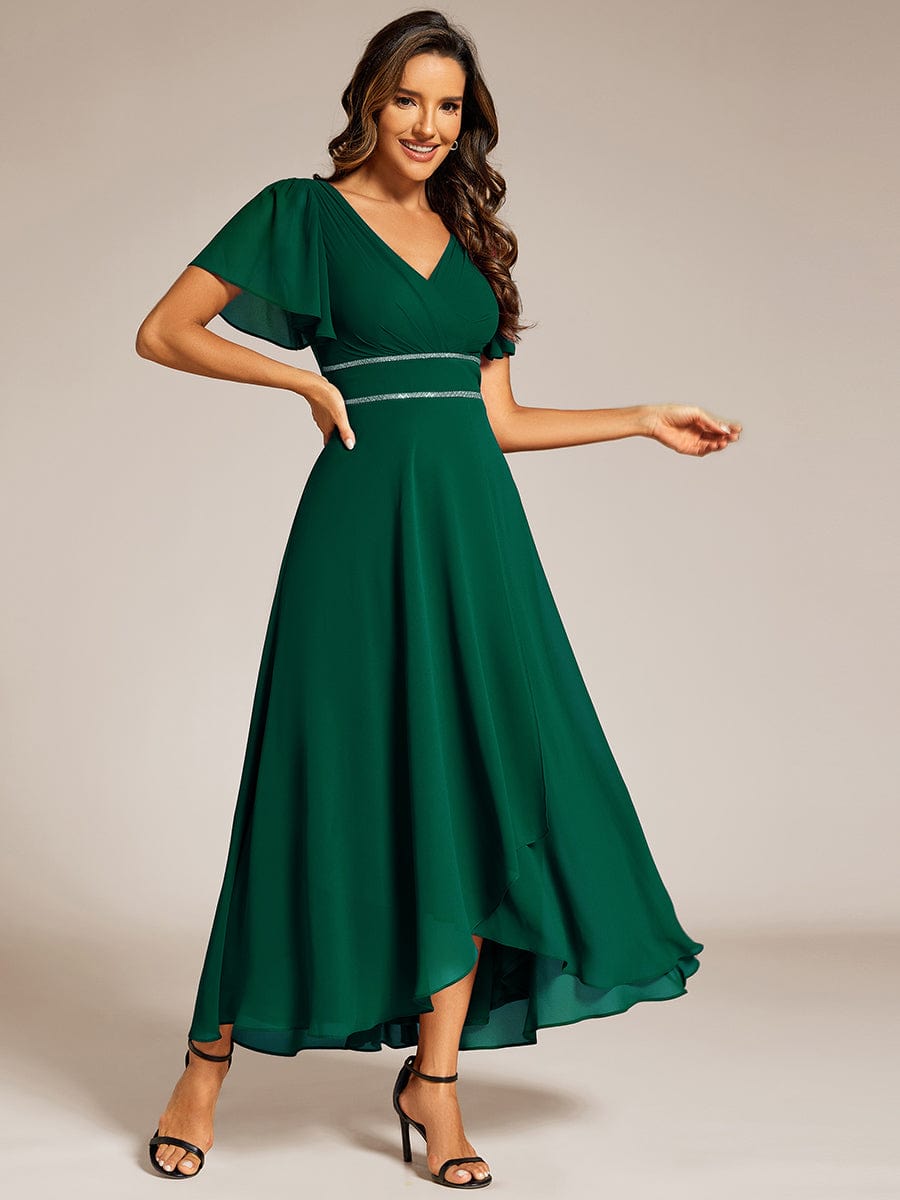 Double V-Neck Waist Trimmed Chiffon Formal Evening Dress #color_Dark Green