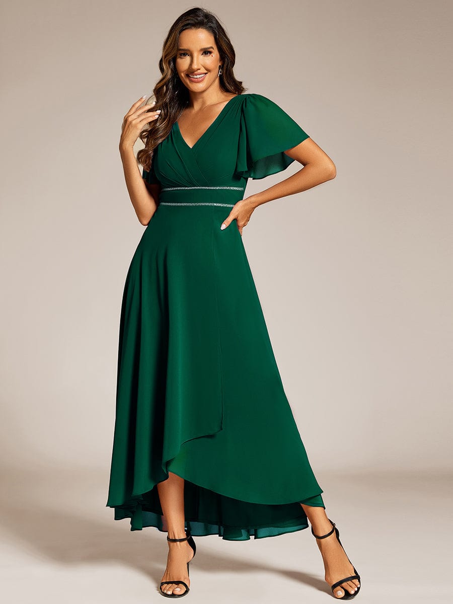 Double V-Neck Waist Trimmed Chiffon Formal Evening Dress #color_Dark Green