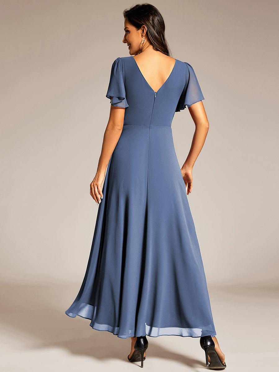 Double V-Neck Waist Trimmed Chiffon Formal Evening Dress #color_Dusty Blue