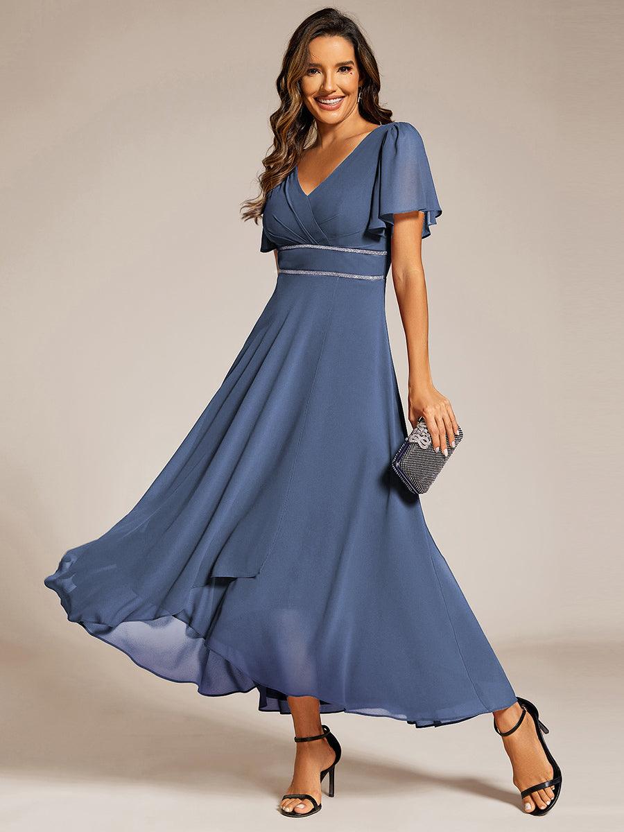 Double V-Neck Waist Trimmed Chiffon Formal Evening Dress #color_Dusty Blue