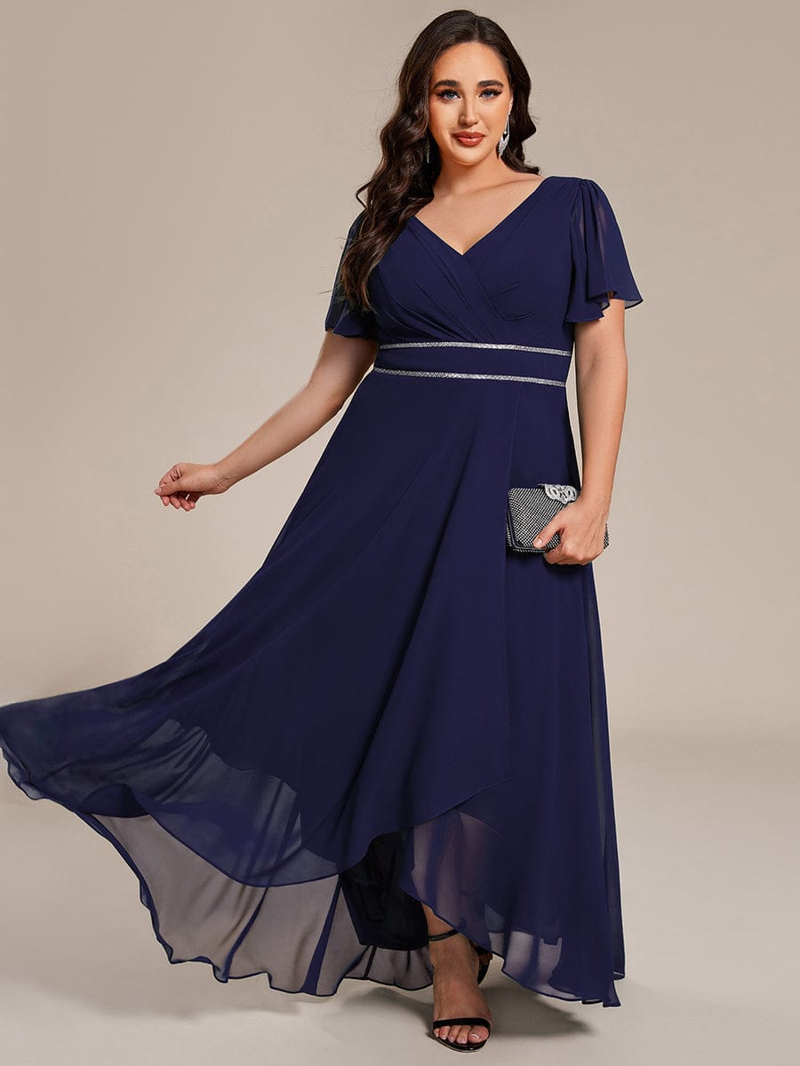 Double V-Neck Waist Trimmed Chiffon Formal Evening Dress #color_Navy Blue