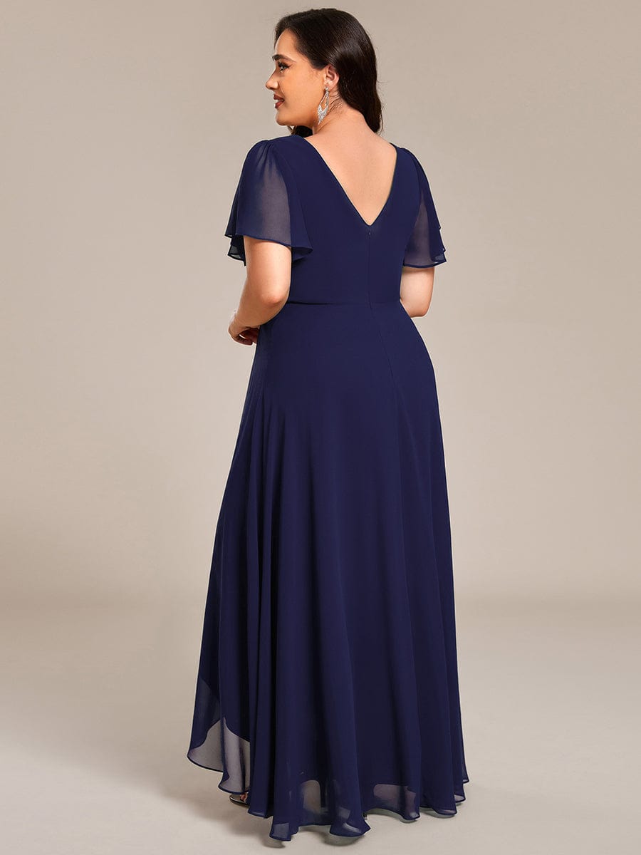 Double V-Neck Waist Trimmed Chiffon Formal Evening Dress #color_Navy Blue