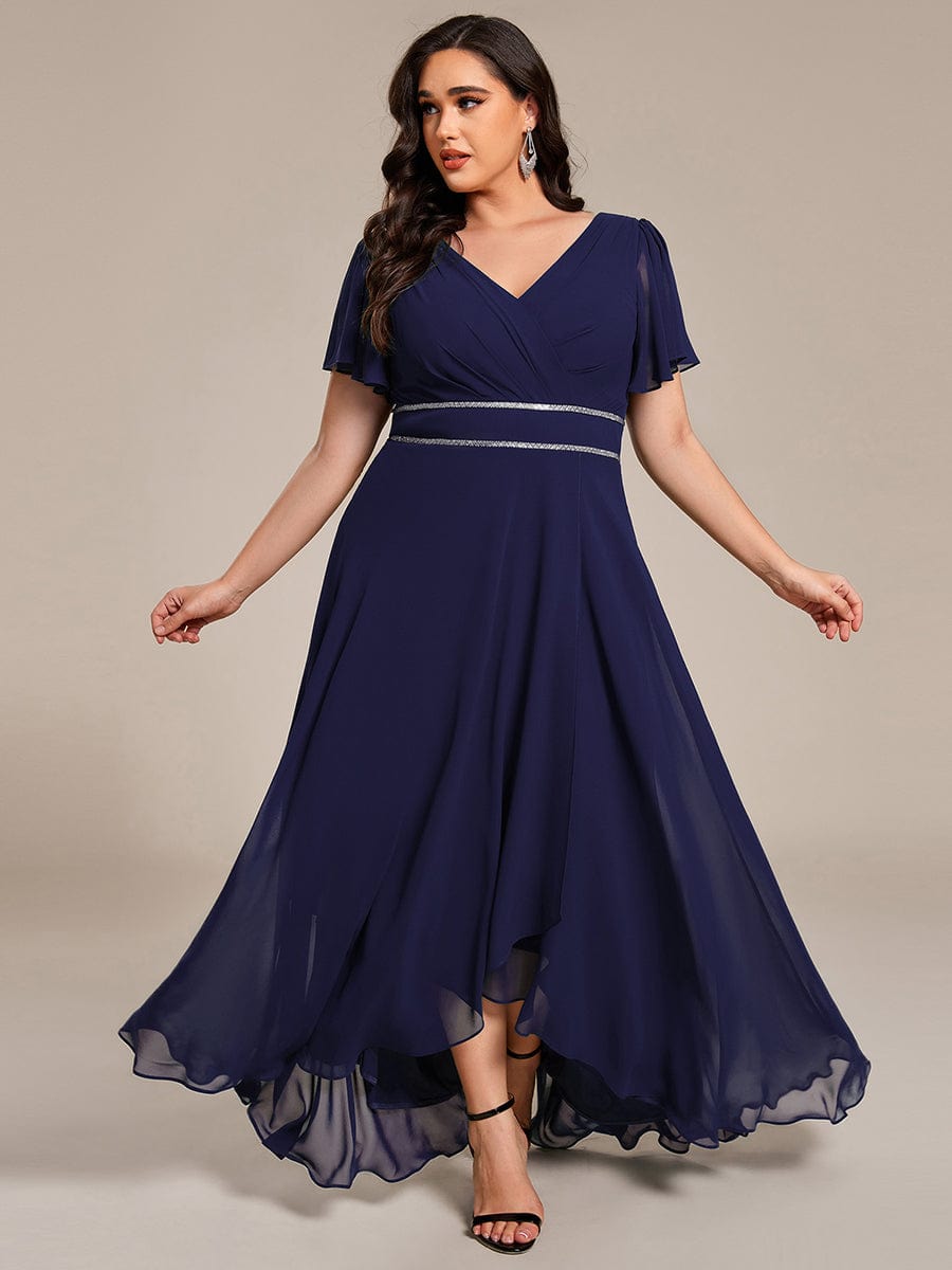 Double V-Neck Waist Trimmed Chiffon Formal Evening Dress #color_Navy Blue