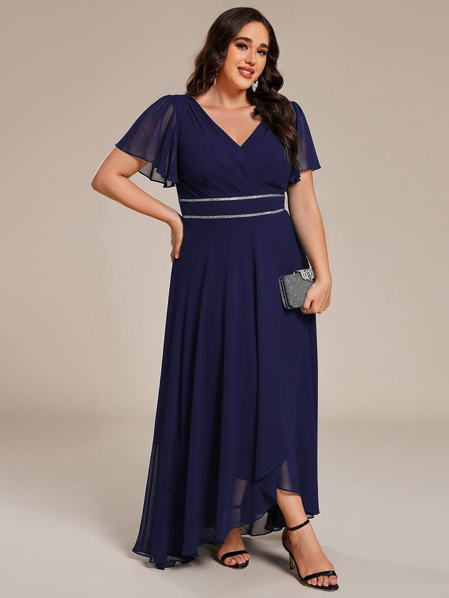 Double V-Neck Waist Trimmed Chiffon Formal Evening Dress #color_Navy Blue