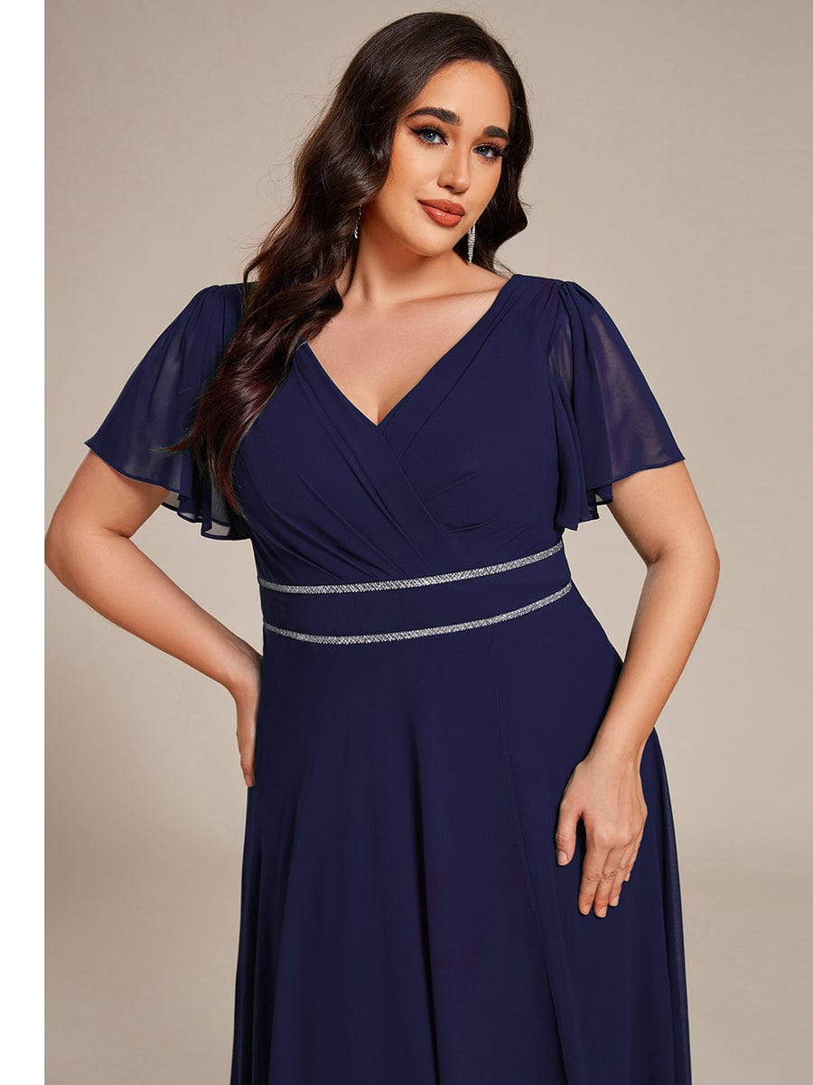 Plus Size V-Neck Rhinestone Waist Chiffon Maxi Formal Evening Dress #color_Navy Blue