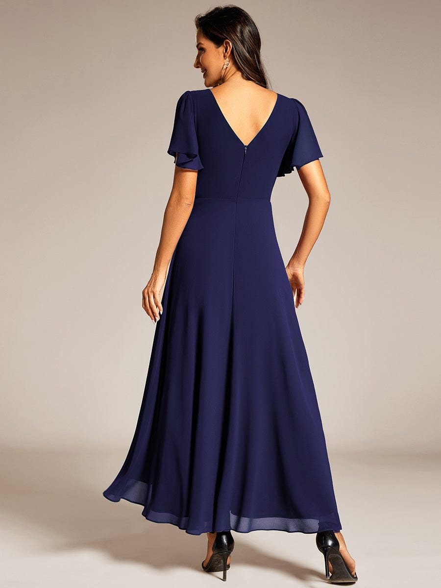 Double V-Neck Waist Trimmed Chiffon Formal Evening Dress #color_Navy Blue