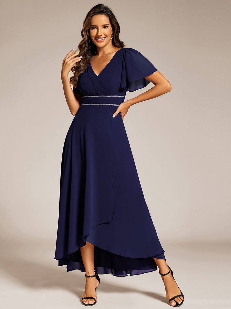 Double V-Neck Waist Trimmed Chiffon Mother of the Bride Dress #color_Navy Blue