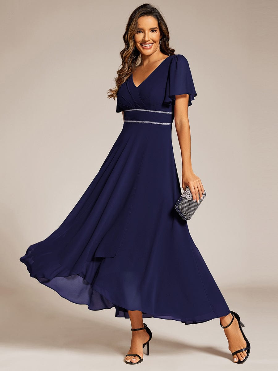 Double V-Neck Waist Trimmed Chiffon Mother of the Bride Dress #color_Navy Blue