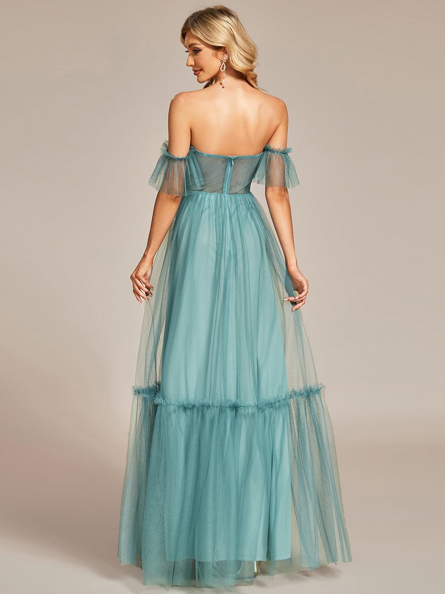 Off-Shoulder Sweetheart Double Layer Pleated Evening Dress #color_Light Teal