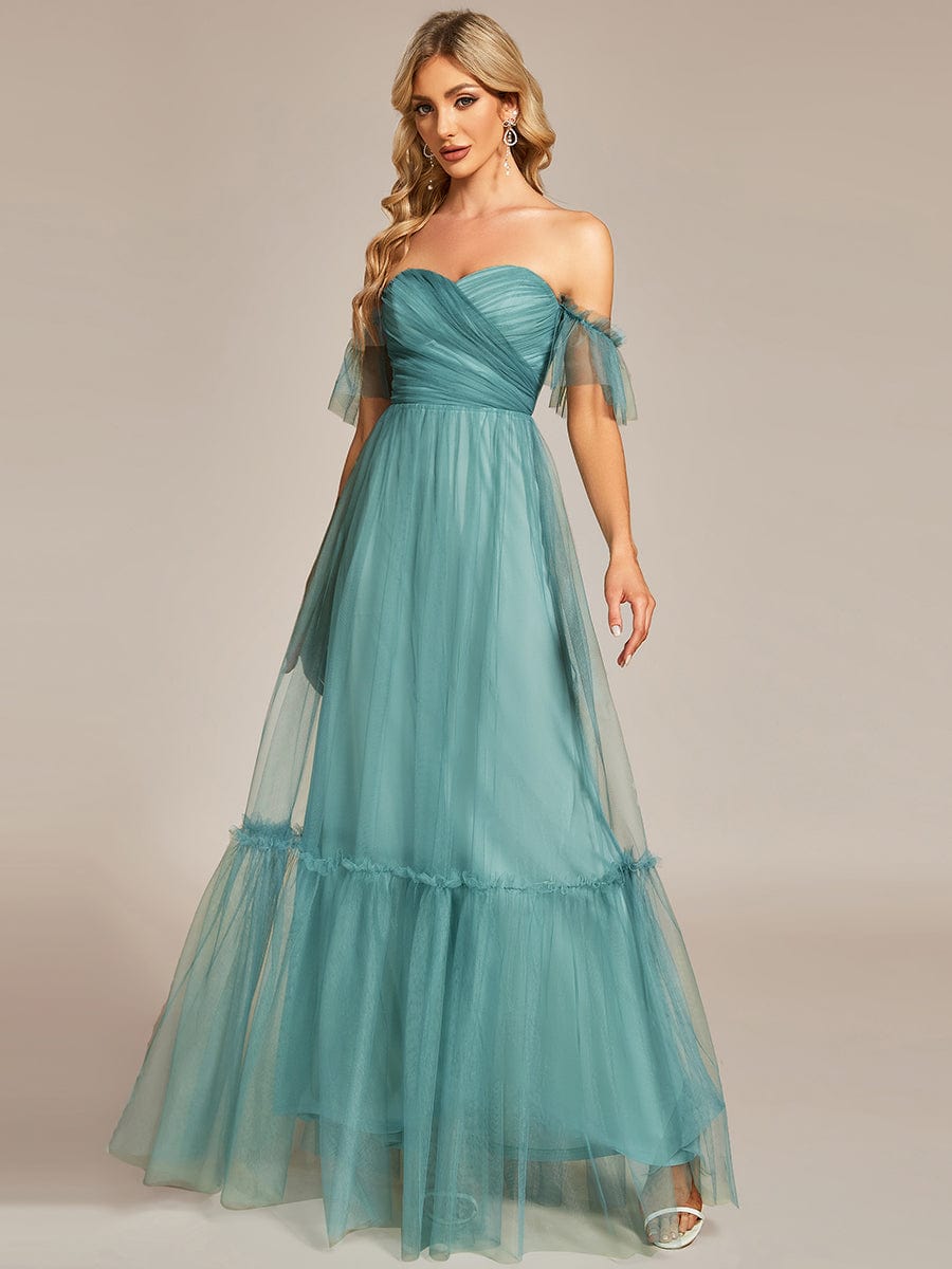 Off-Shoulder Sweetheart Double Layer Pleated Evening Dress #color_Light Teal