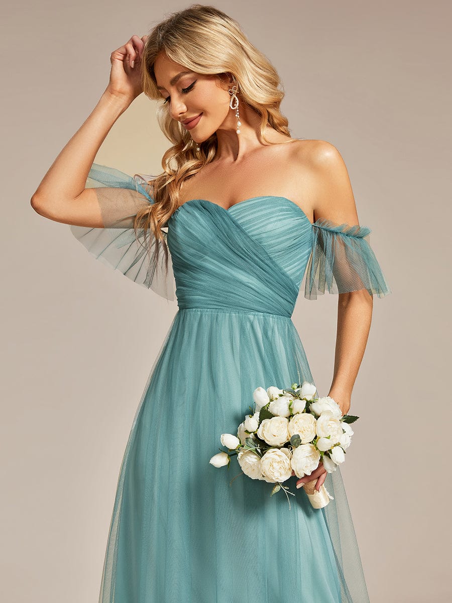 Off-Shoulder Sweetheart Double Layer Pleated Evening Dress #color_Light Teal