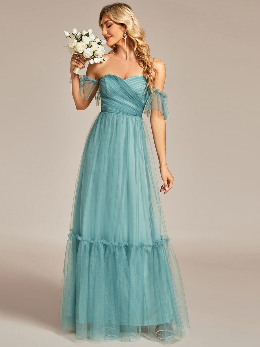 Off-Shoulder Sweetheart Double Layer Pleated Evening Dress #color_Light Teal