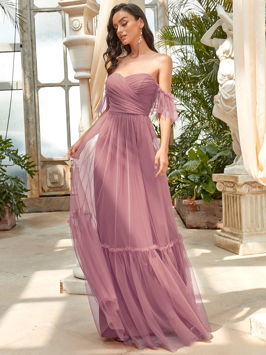 Off-Shoulder Sweetheart Double Layer Pleated Evening Dress #color_Purple Orchid