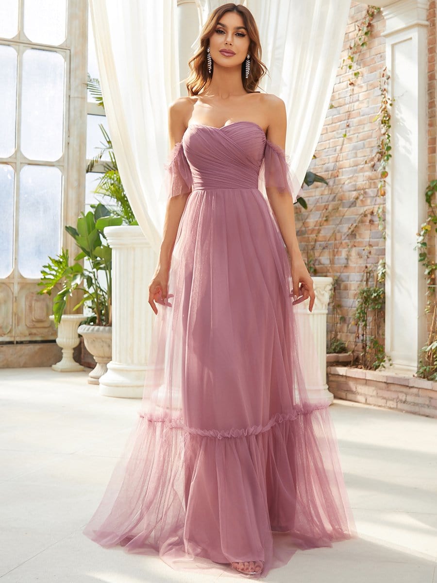 Off-Shoulder Sweetheart Double Layer Pleated Evening Dress #color_Purple Orchid