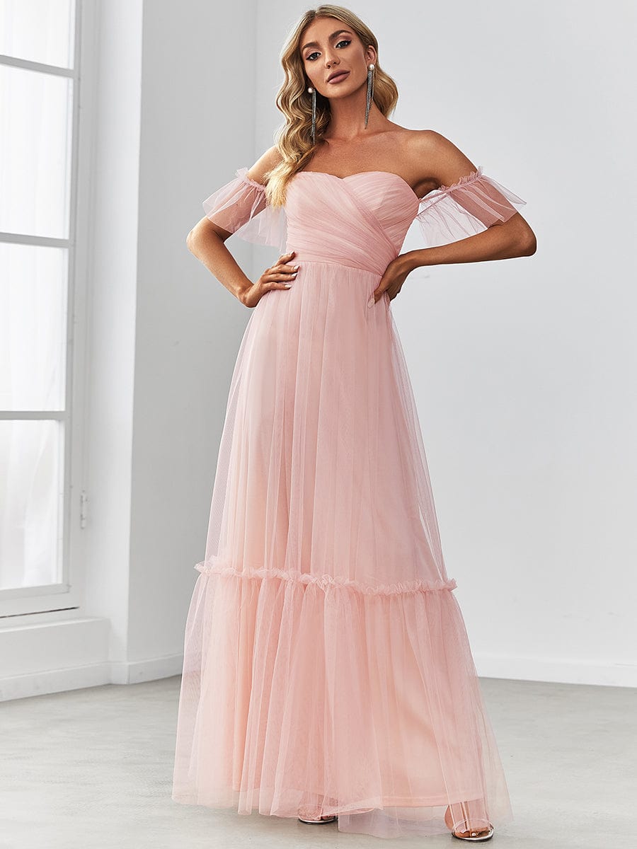 Off-Shoulder Sweetheart Double Layer Pleated Evening Dress #color_Pink