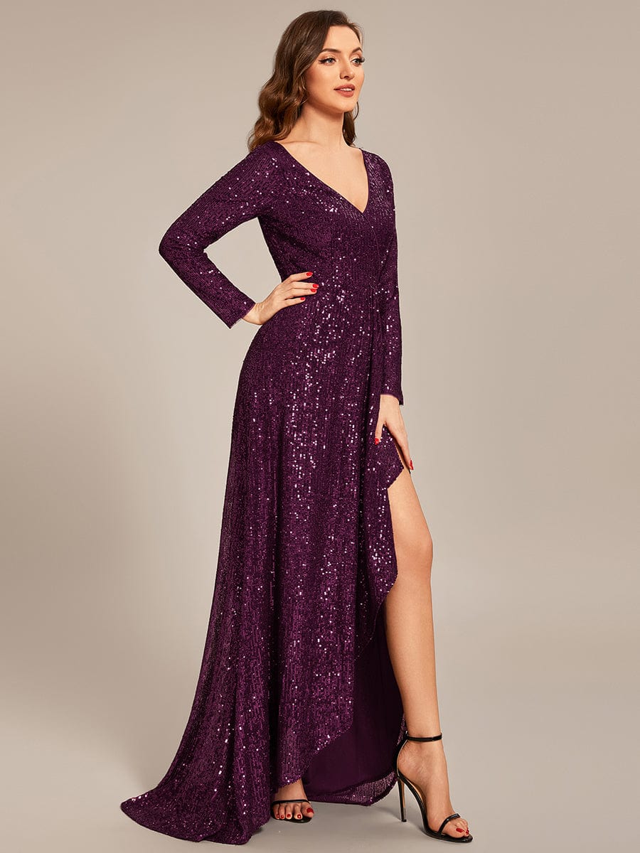 Sequin Long Sleeve V-neck Asymmetrical Hem Evening Dress #color_Dark Purple