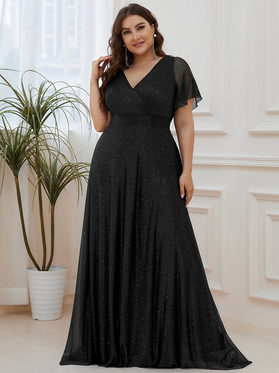 Sparkling Short Sleeve V-Neck Ribbon Waist A-Line Evening Dress #color_Black