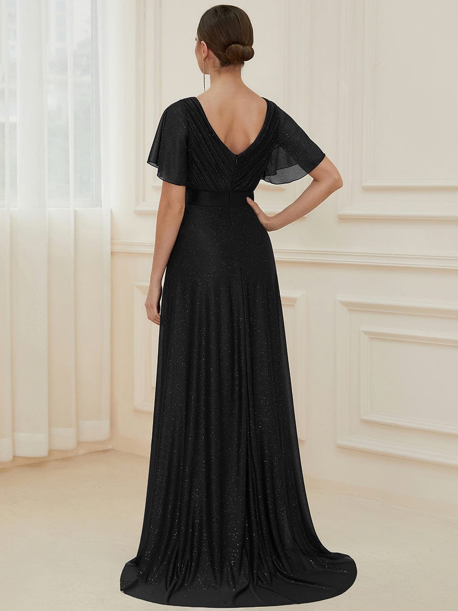 Sparkling Short Sleeve V-Neck Ribbon Waist A-Line Evening Dress #color_Black