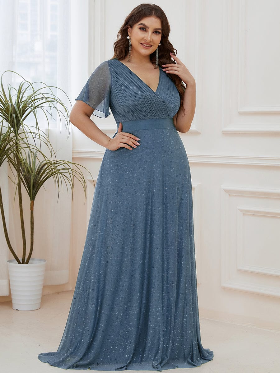 Sparkling Short Sleeve V-Neck Ribbon Waist A-Line Evening Dress #color_Dusty Blue