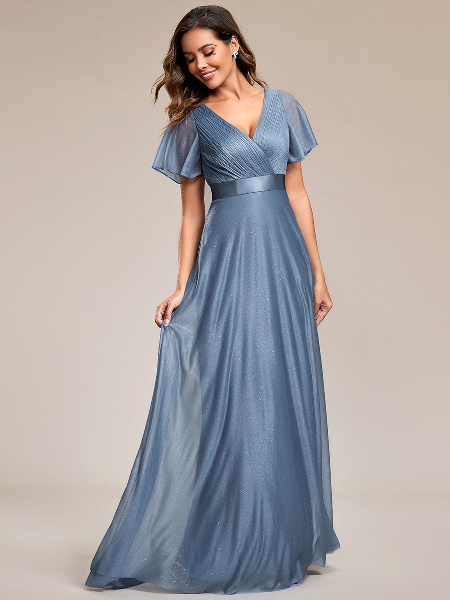 Sparkling Short Sleeve V-Neck Ribbon Waist A-Line Evening Dress #color_Dusty Blue