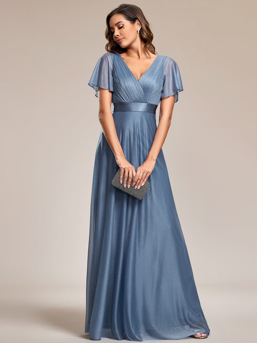 Sparkling Short Sleeve V-Neck Ribbon Waist A-Line Evening Dress #color_Dusty Blue