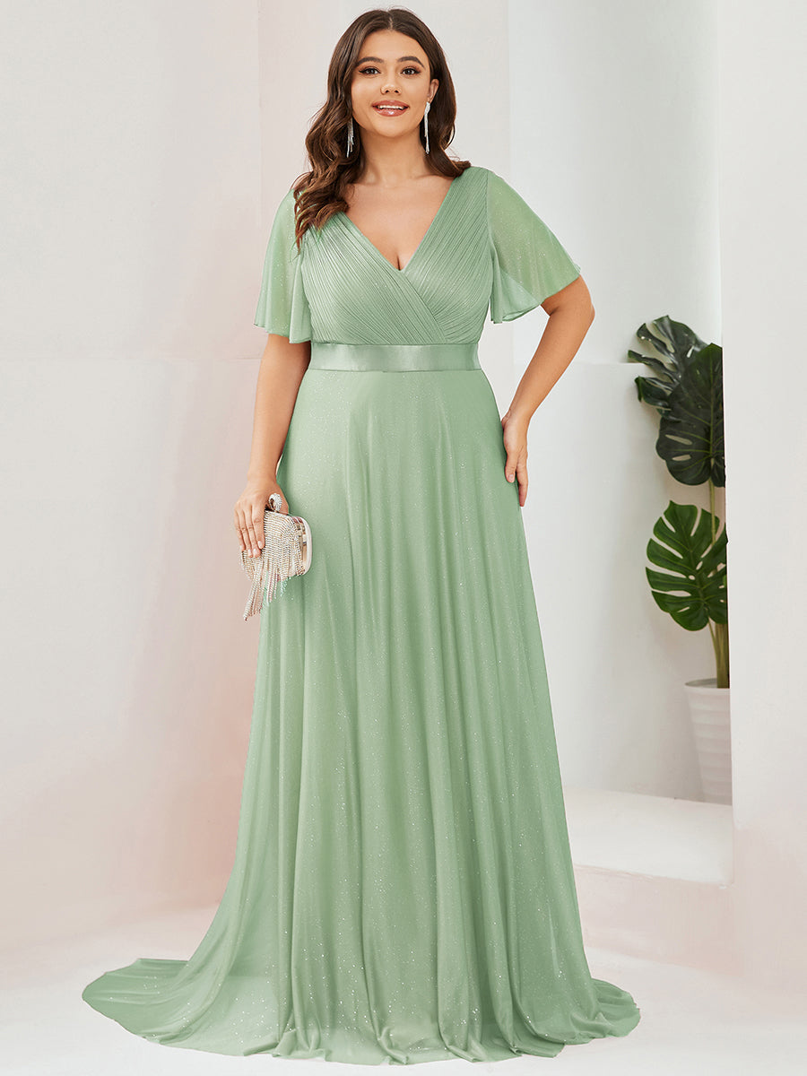 Sparkling Short Sleeve V-Neck Ribbon Waist Plus Size Formal Evening Dress #color_Mint Green