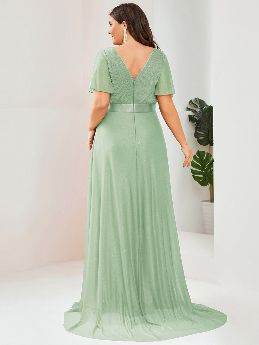 Sparkling Short Sleeve V-Neck Ribbon Waist Plus Size Formal Evening Dress #color_Mint Green