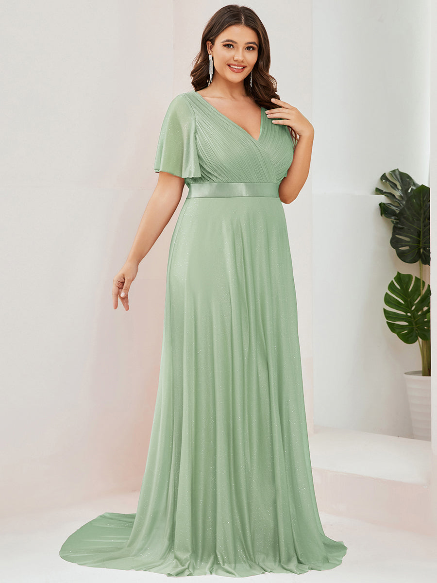 Sparkling Short Sleeve V-Neck Ribbon Waist A-Line Evening Dress #color_Mint Green